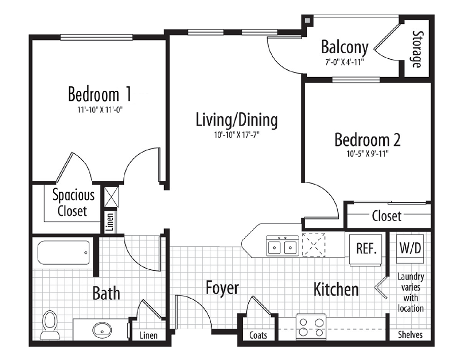 Floor plan for 2 beds, 1 bath, 807 sqft